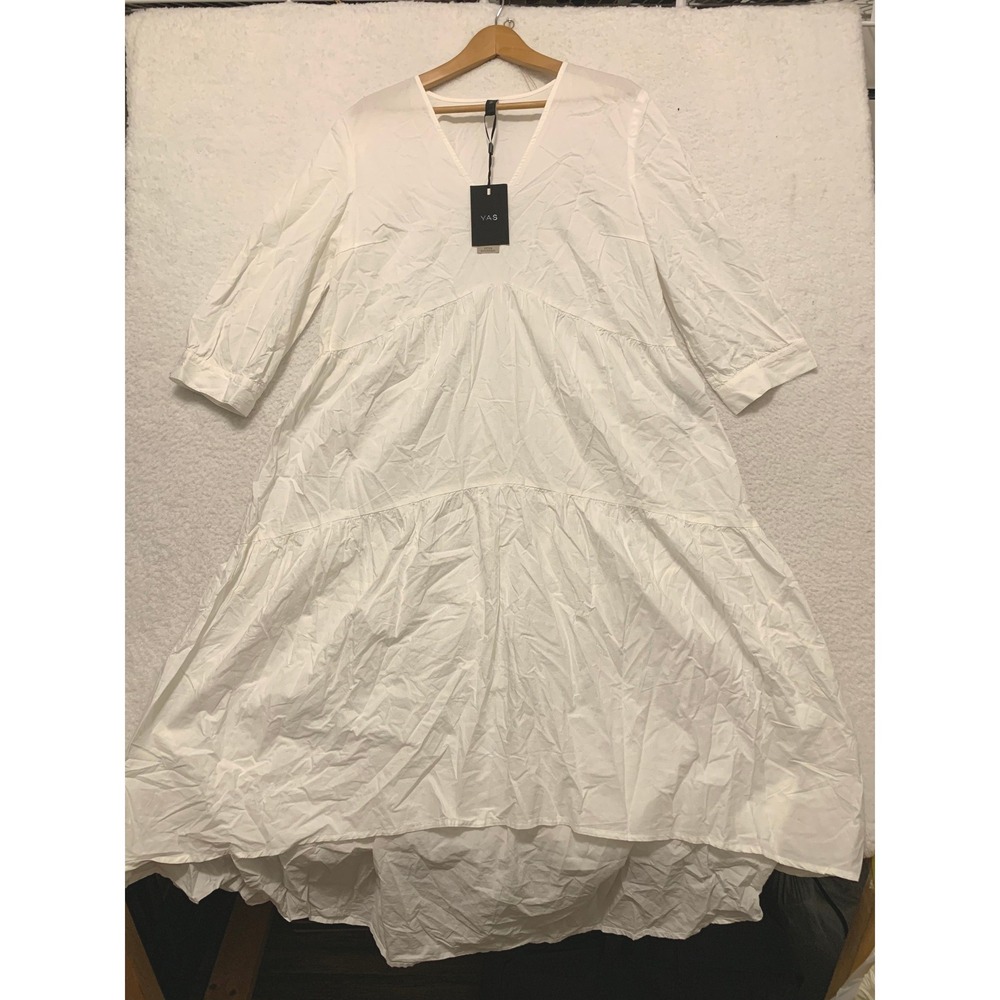 Y.A.S Radhika Midi Dress Size XL Organic Cotton V-Neck Tiered Smock White NWT!